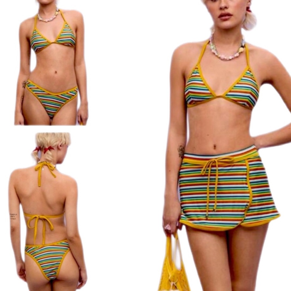 Colorful Striped Bikini 3 Piece Set Swim Skirt Size Small